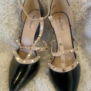 Studded Strappy Stiletto Heels Black Beige Patent Leather